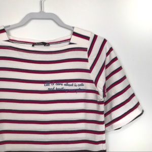 Bershka striped t shirt with cat slogan size S